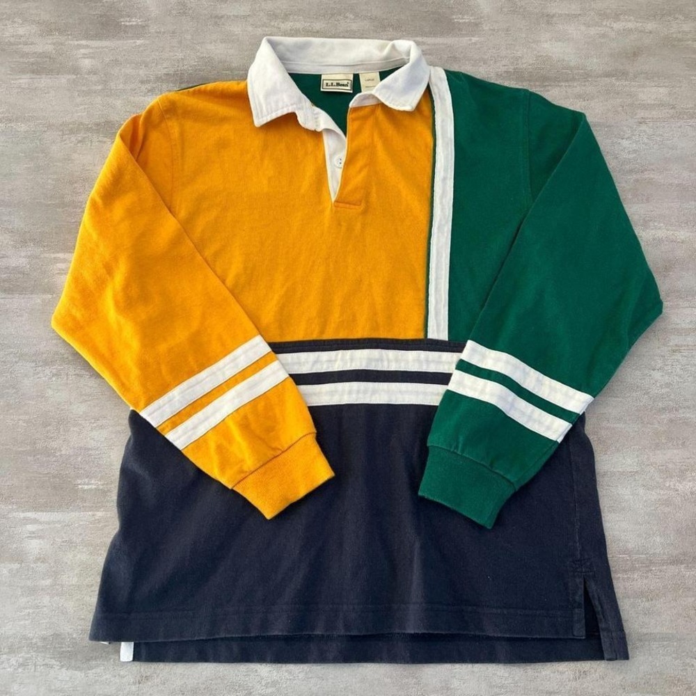 Vintage LL Bean Rugby Shirt Long Sleeve Colorblock  100% cotton Size Large